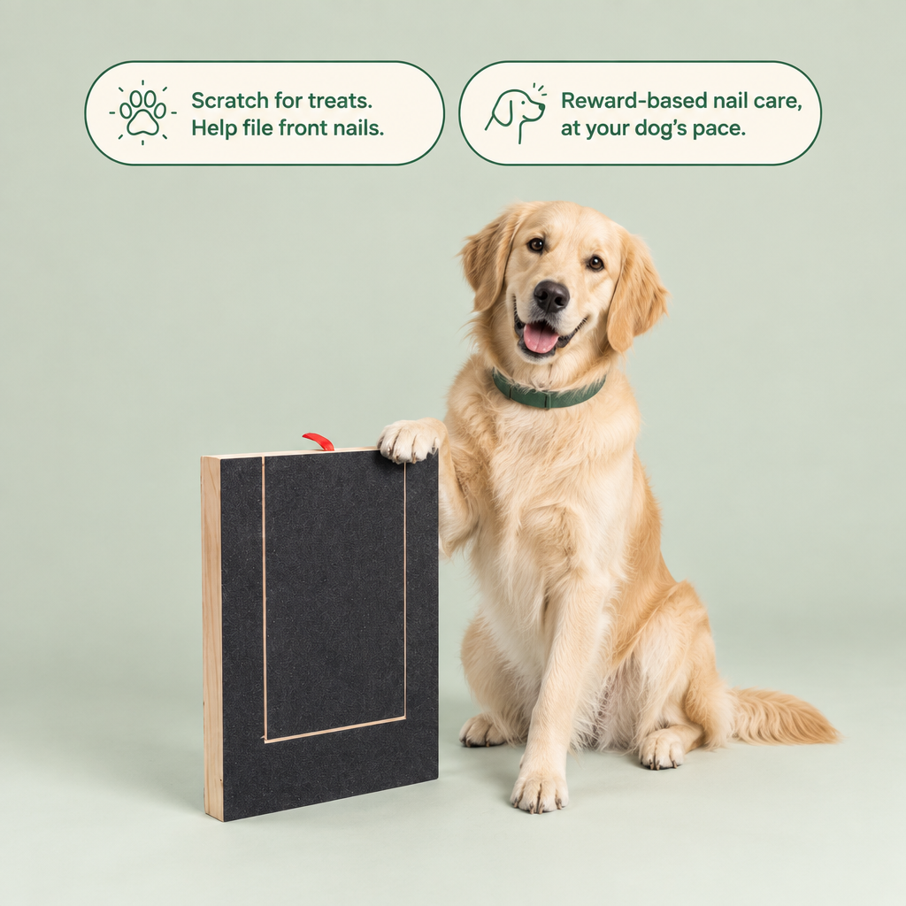 Dog using the nail scratch board with product benefit badges