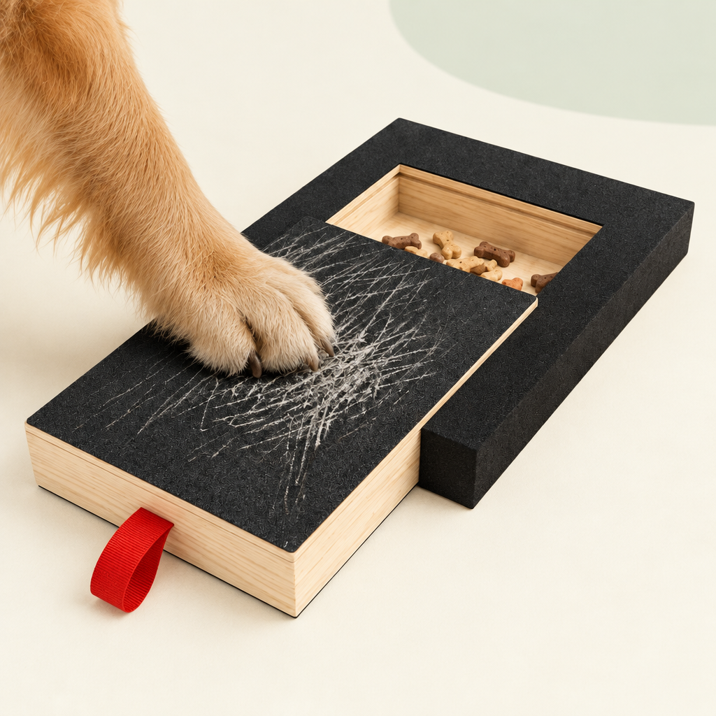 Golden Retriever paw on the Oak & Daily nail scratch board