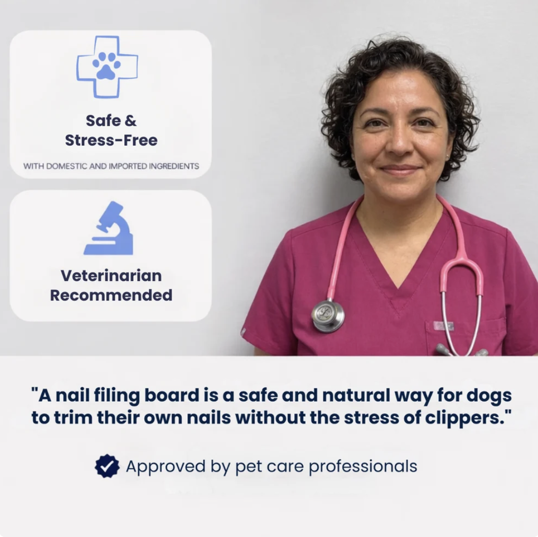 Graphic of a smiling veterinary professional in a berry scrub top with a pink stethoscope, beside cards reading Safe & Stress-Free and Veterinarian Recommended, with a quote banner below